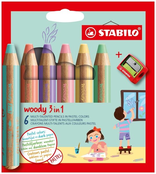 STABILO woody 3 in 1, 6er Pack mit Spitzer - Pastellfarben