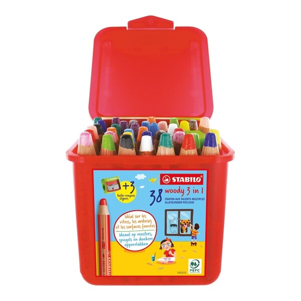 STABILO woody 3 in 1, 38 Stifte plus 3 Spitzer in einer Box