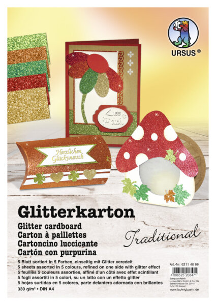 Glitterkarton in traditionellen weihnachtlichen Farben (5 Blatt)